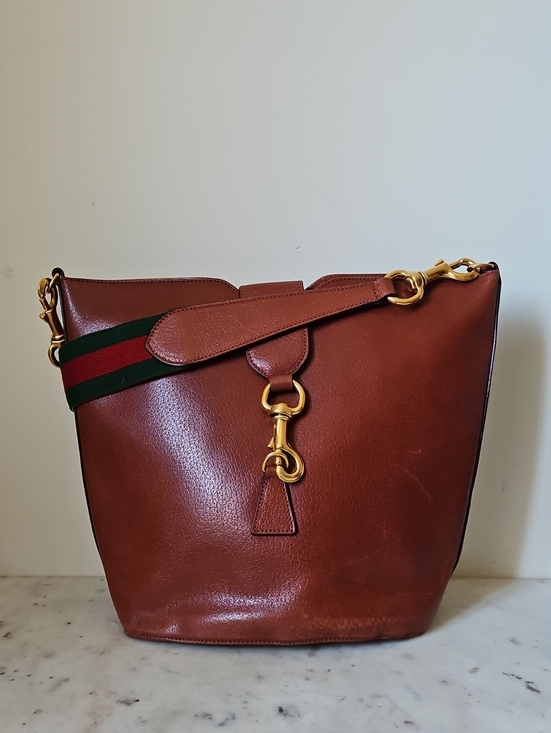 Gucci Handbags - GUCCI: Large Vintage Rich Chestnut Brown Leather Jackie Web Strap Bucket Bag
